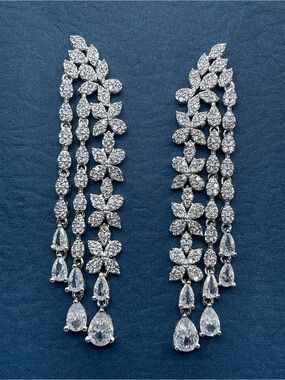 Swarovski Crystals Elements White Crystal Floral Chandelier Statement Earrings